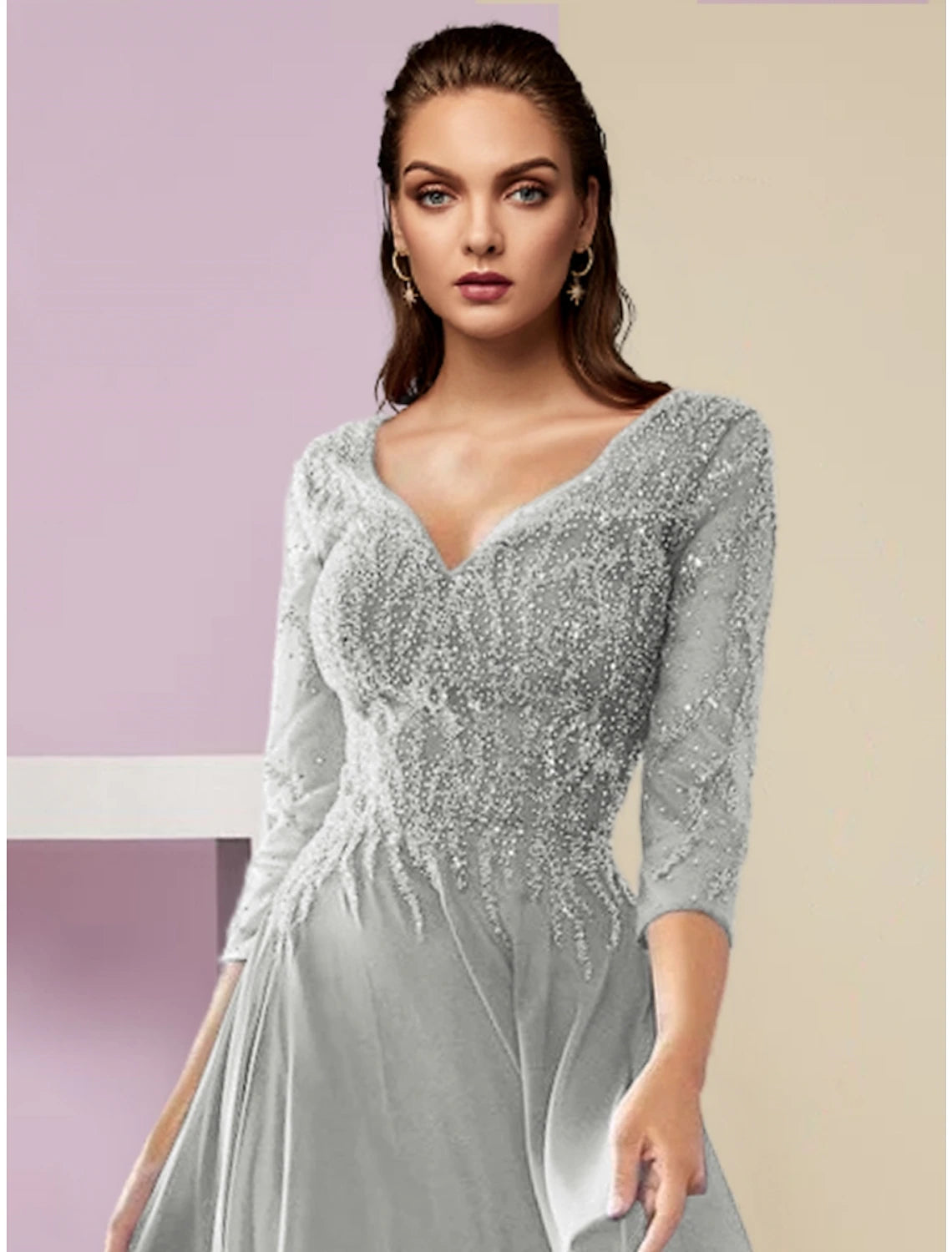 Elegant A-Line V-Neck Chiffon Mother of the Bride Gown with 3/4 Sleeves.