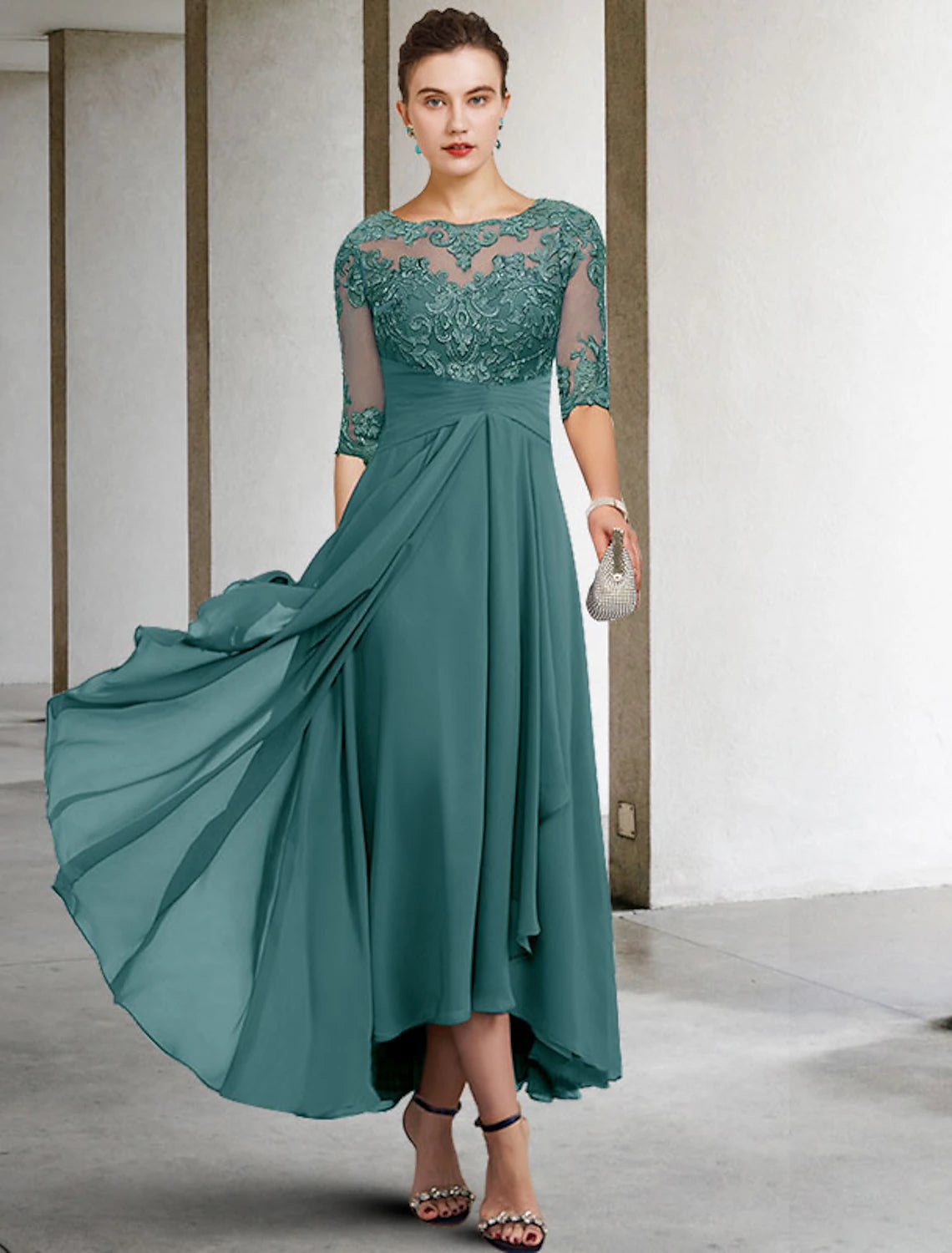 Elegant A-Line V-Neck Half Sleeve Chiffon Lace Plus Size Mother of the Bride Dress, front view.