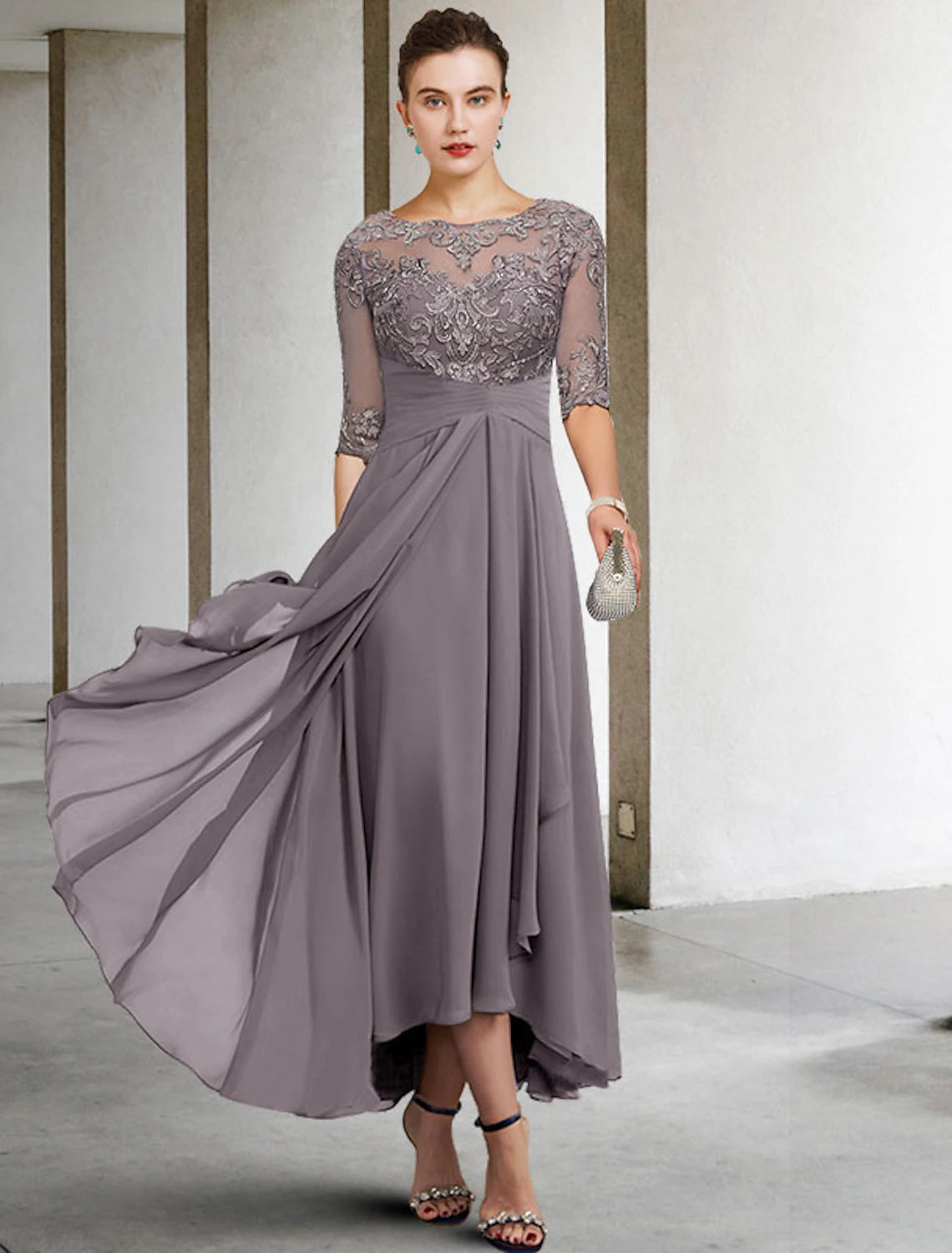Side view of the Elegant A-Line V-Neck Half Sleeve Chiffon Lace Plus Size Mother of the Bride Dress.