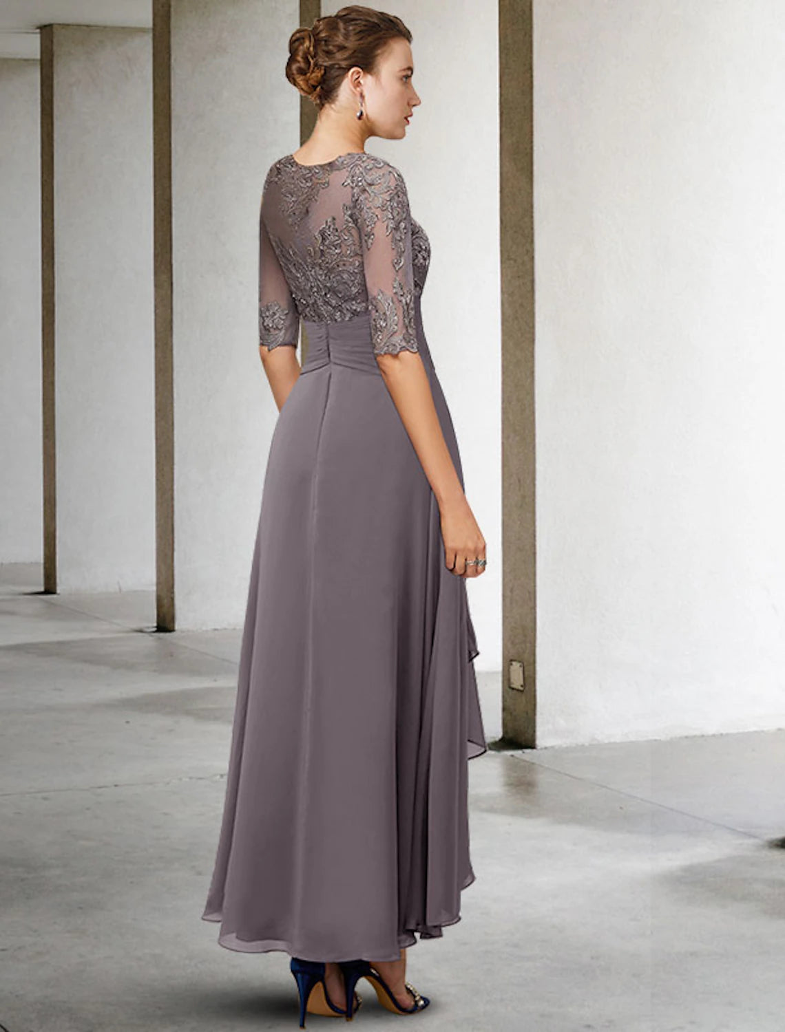 Back view of the Elegant A-Line V-Neck Half Sleeve Chiffon Lace Plus Size Mother of the Bride Dress.