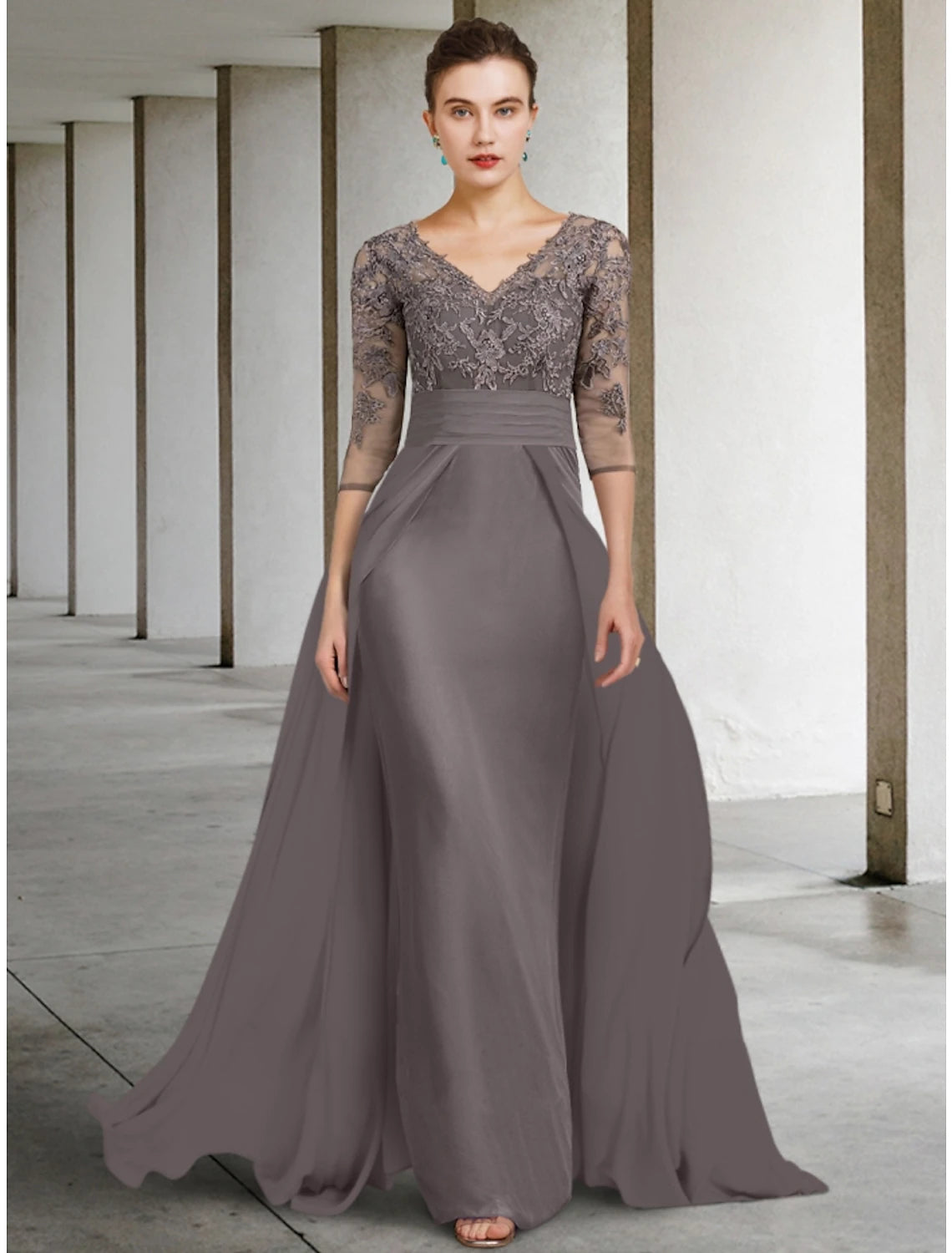 Elegant A-Line V-Neck Half-Sleeve Chiffon Lace Ruched Wedding Guest Dress.