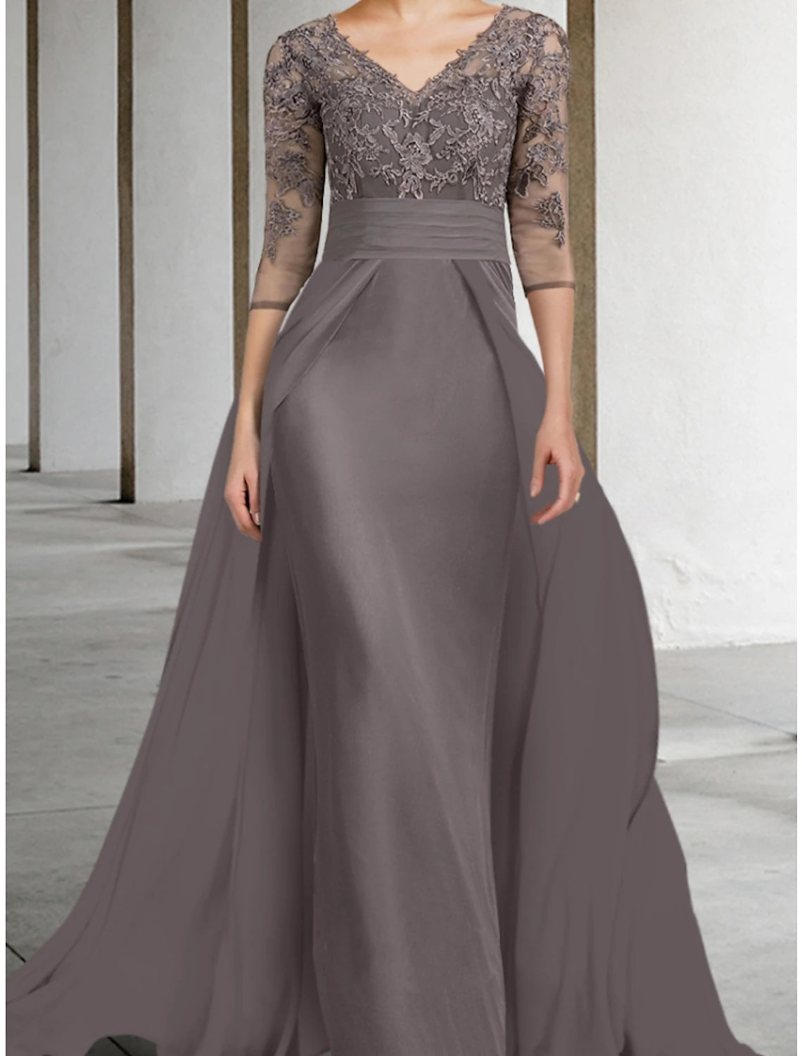 Elegant A-Line V-Neck Half-Sleeve Chiffon Lace Ruched Wedding Guest Dress.