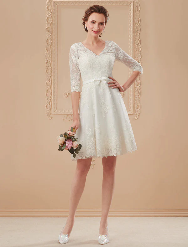 Elegant A-Line V-Neck Half Sleeve Lace White Knee-Length Reception Dress.