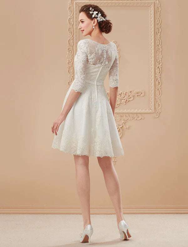 Elegant A-Line V-Neck Half Sleeve Lace White Knee-Length Reception Dress.