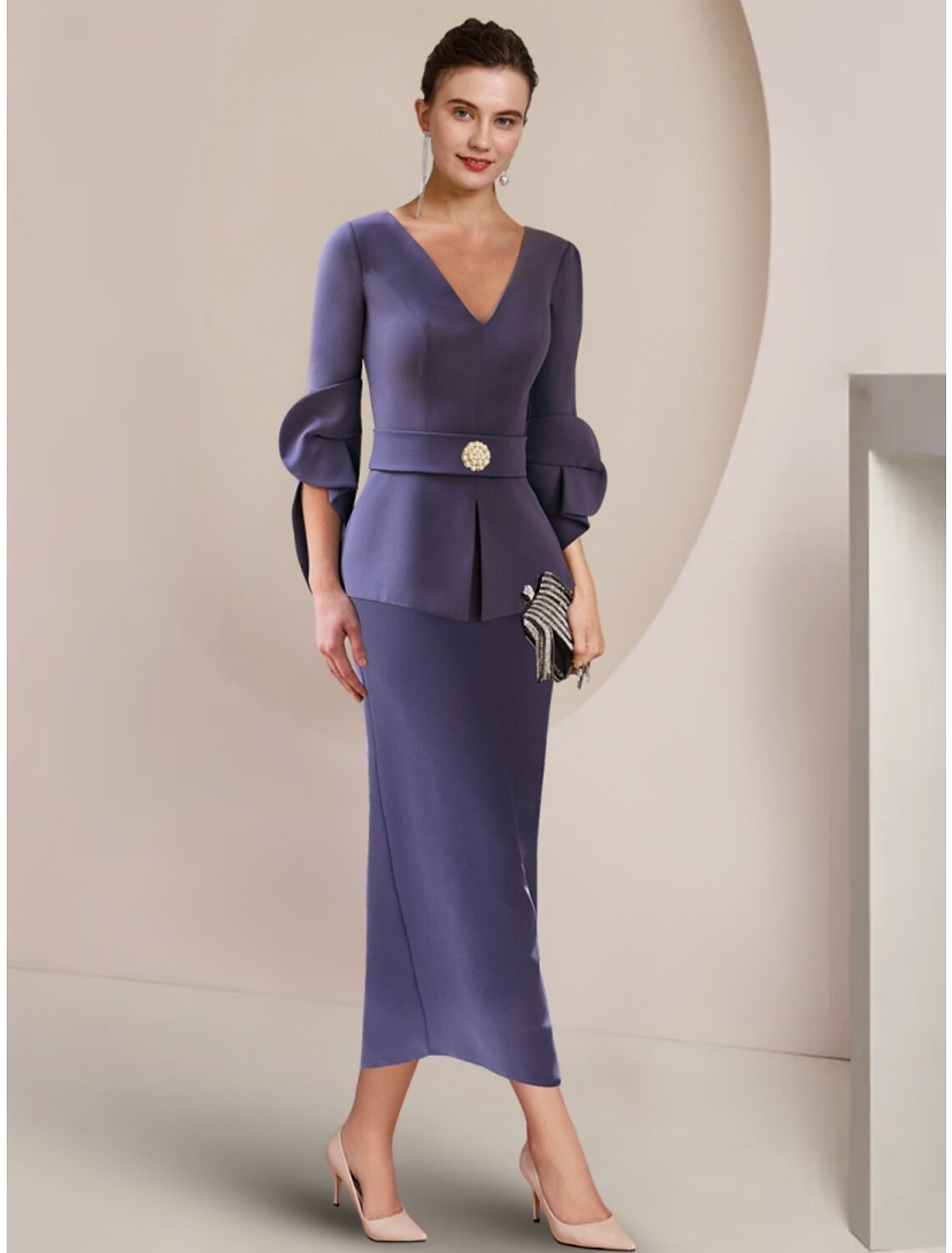 Elegant A-Line V-Neck Half Sleeve Ruched Ankle Length Mother of the Bride Dress.