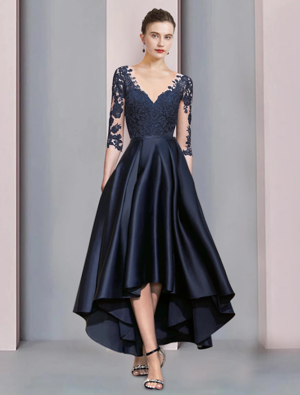 Elegant A-Line V-Neck Half Sleeve Satin Lace Mother of the Bride Dress on a model.