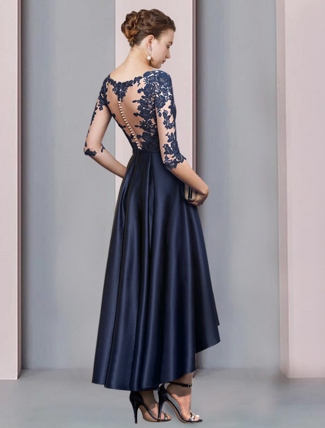 Back view of the elegant A-Line V-Neck Half Sleeve Satin Lace Mother of the Bride Dress.