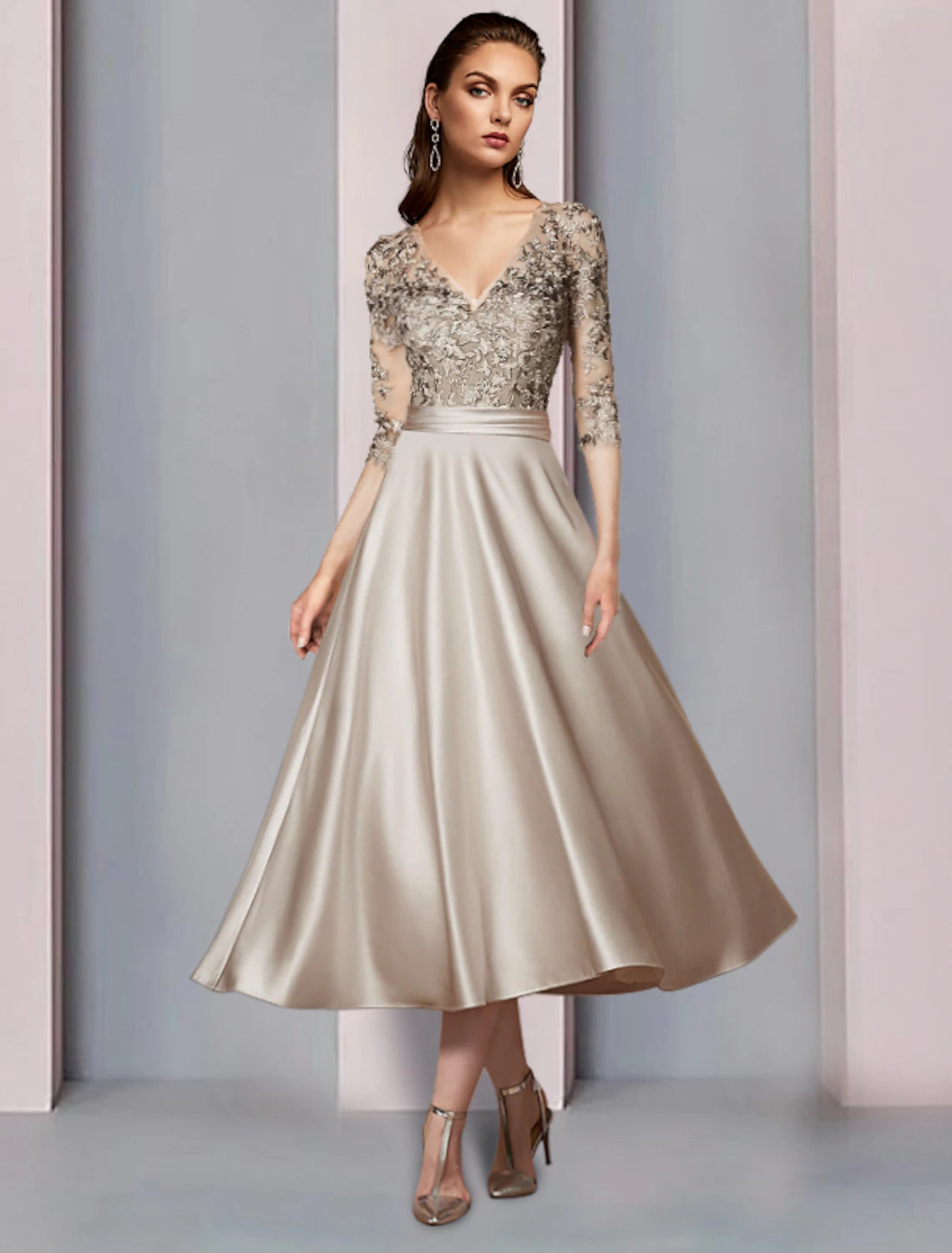 Elegant A-Line V-Neck Half Sleeve Satin Lace Tea Length Mother of the Bride Dress.