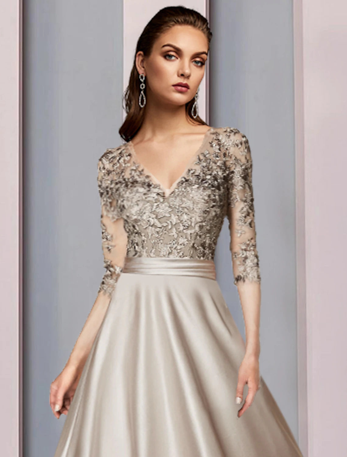 Elegant A-Line V-Neck Half Sleeve Satin Lace Tea Length Mother of the Bride Dress.
