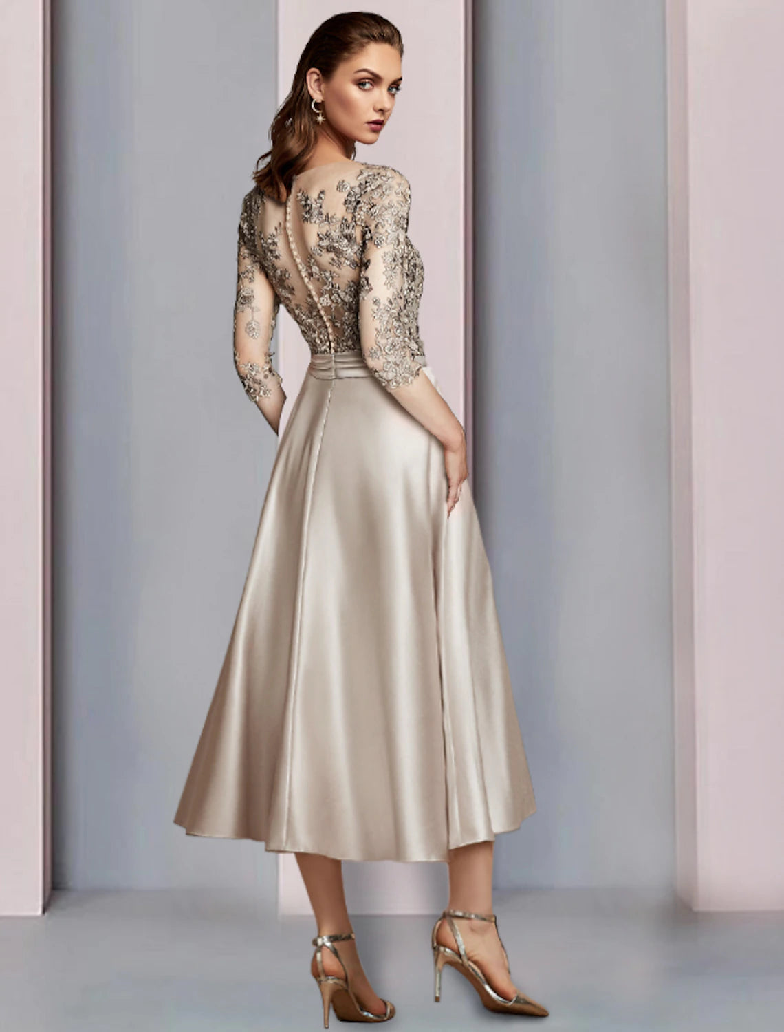 Elegant A-Line V-Neck Half Sleeve Satin Lace Tea Length Mother of the Bride Dress.
