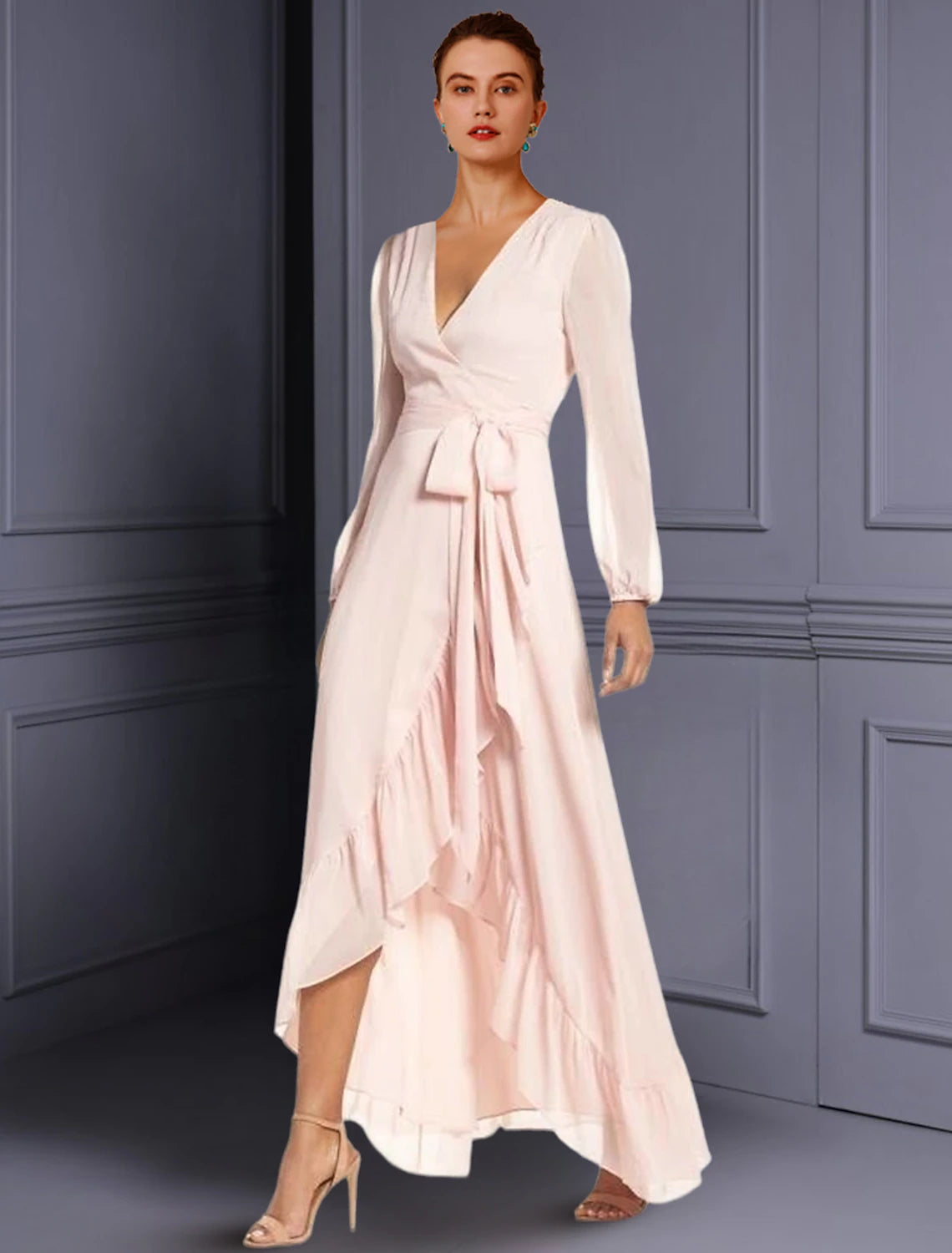 Elegant A-Line V-neck long sleeve chiffon dress with high-low hem.