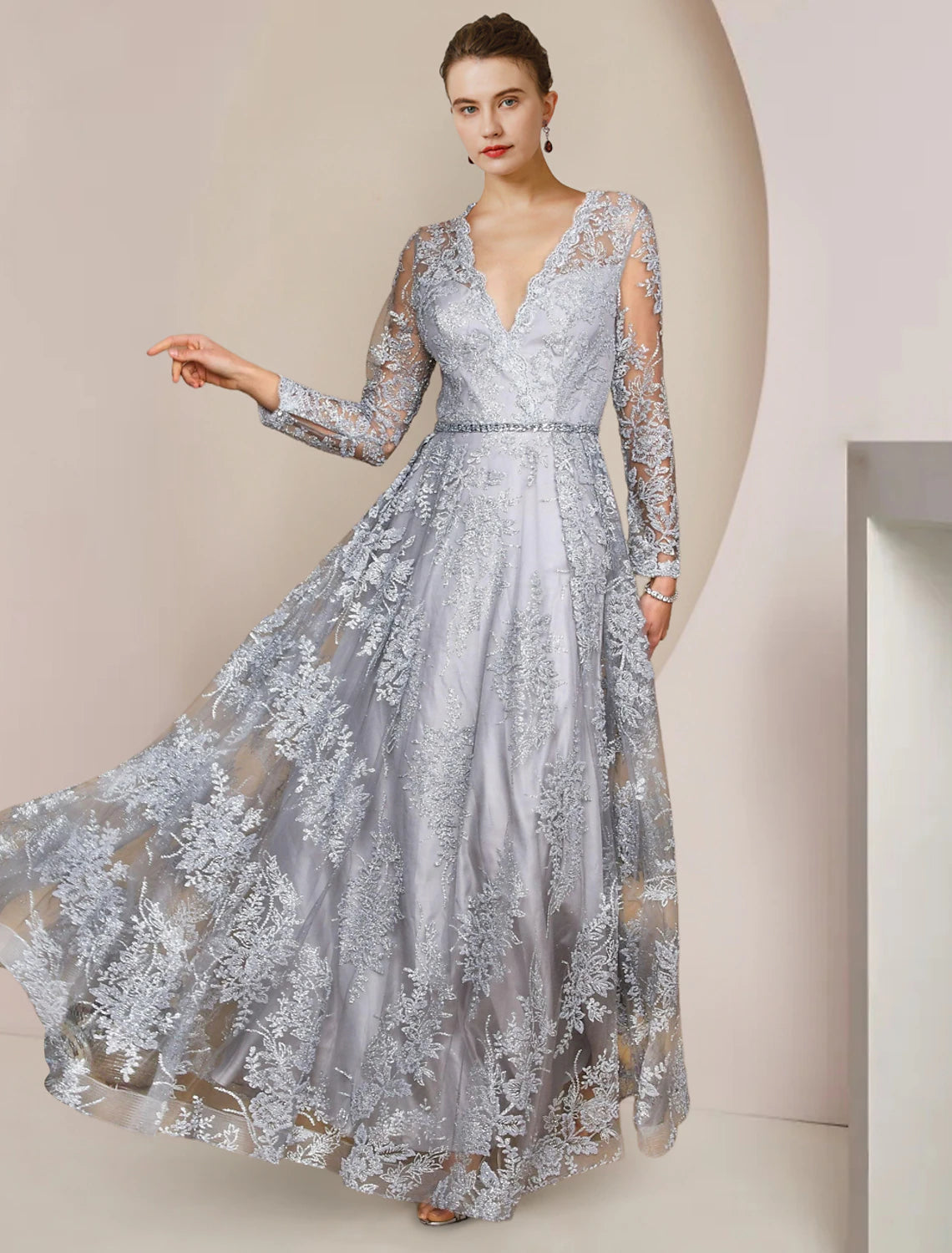 Elegant A-Line V-Neck Long Sleeve Lace Applique Mother of the Bride Dress.