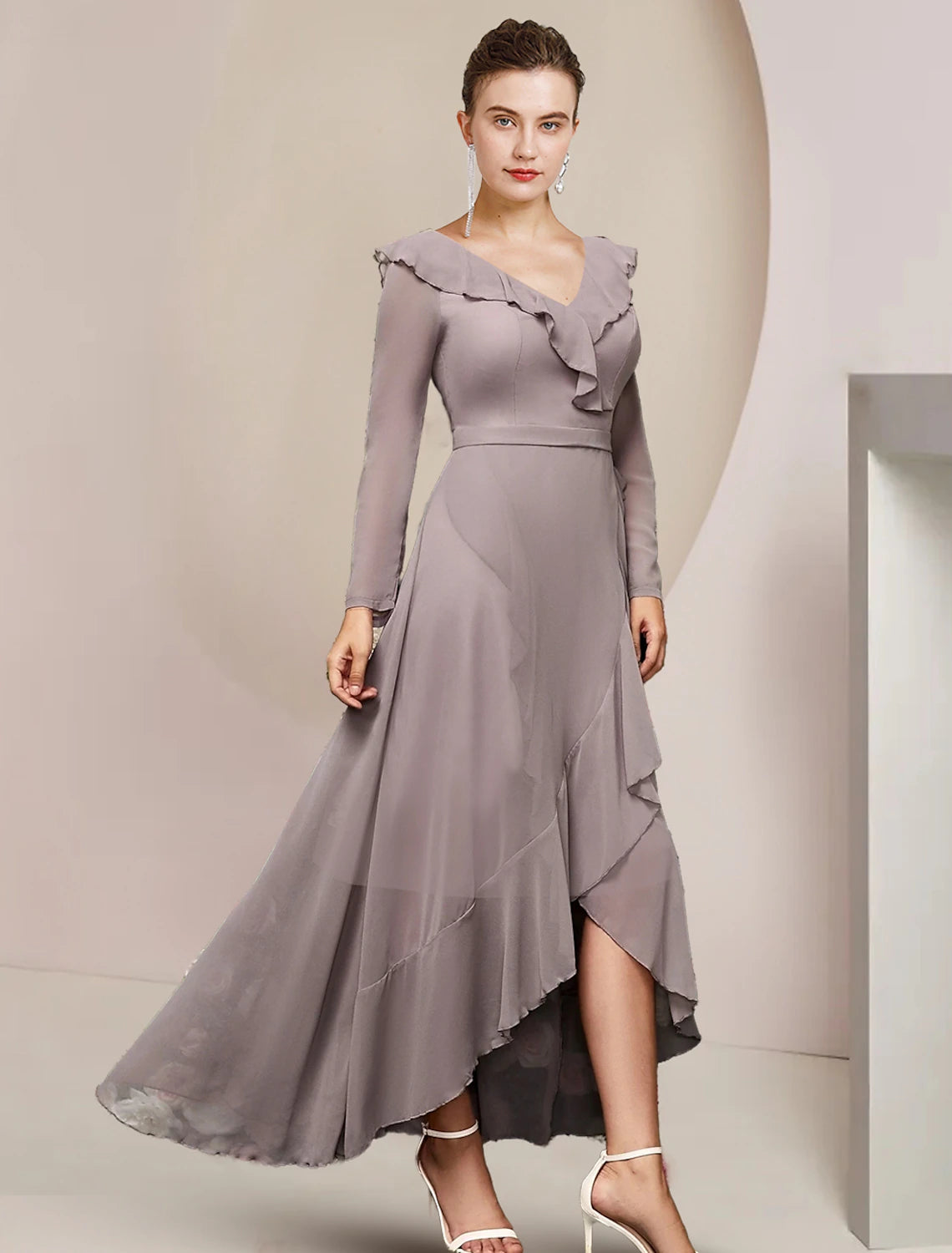 Elegant A-Line V-Neck Long Sleeve Ruffled Asymmetrical Chiffon Ankle Dress.