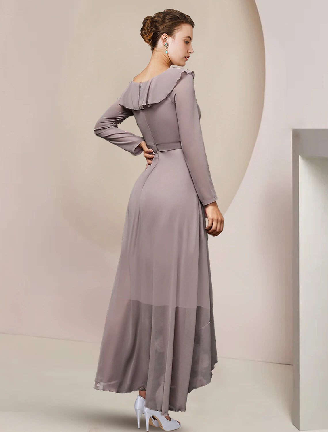 Elegant A-Line V-Neck Long Sleeve Ruffled Asymmetrical Chiffon Ankle Dress.