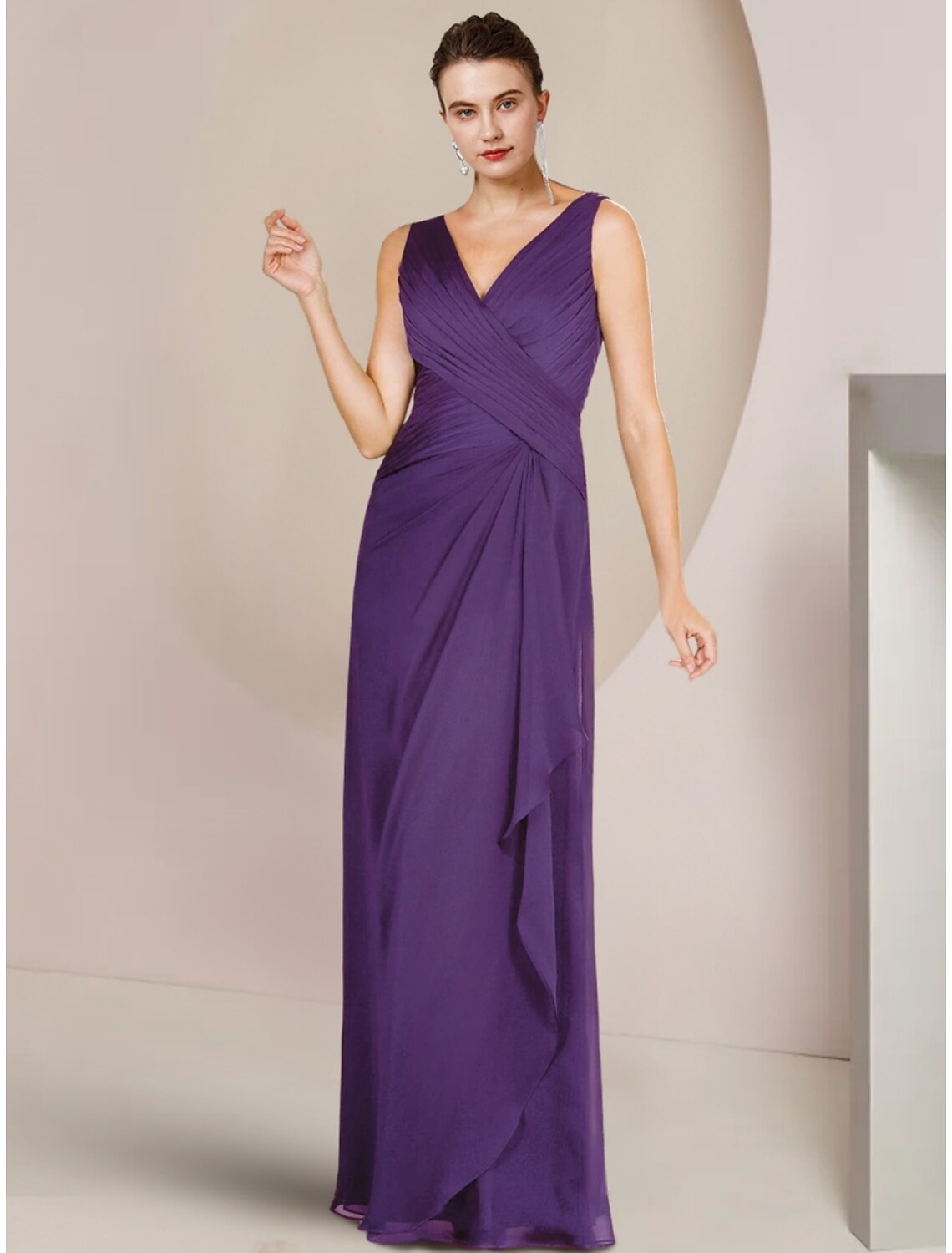 Elegant A-Line V-Neck Long Sleeve Ruffled Chiffon Floor-Length Gown for Wedding Guests.