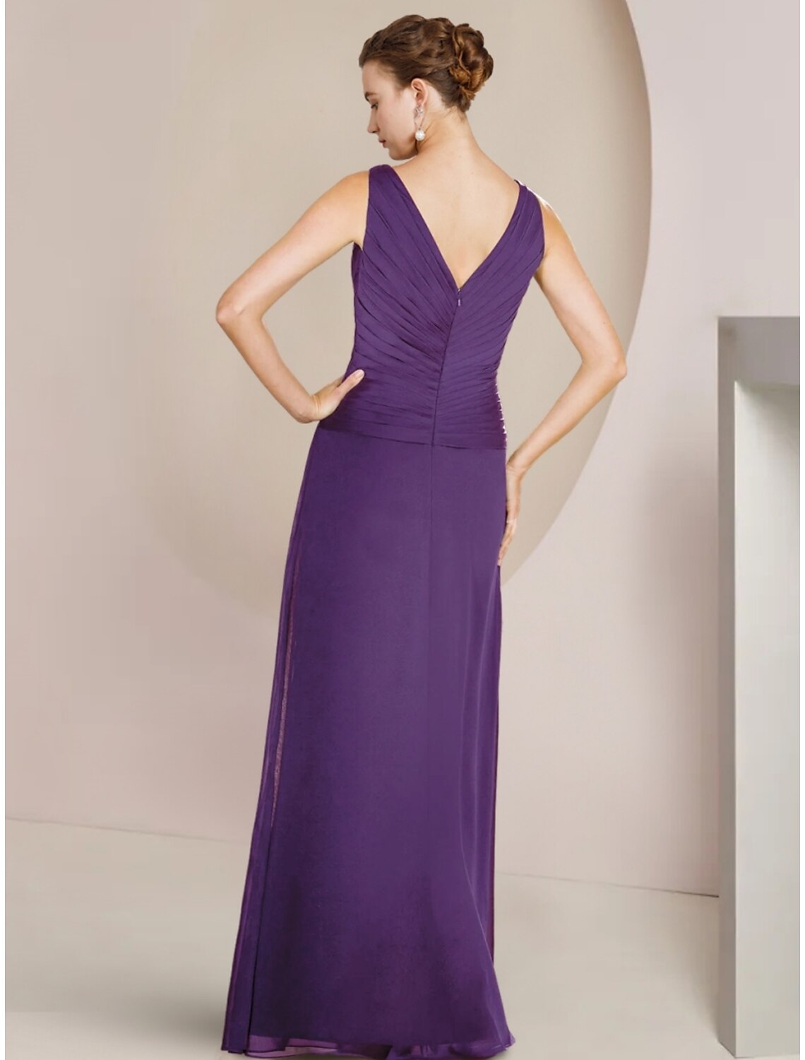 Elegant A-Line V-Neck Long Sleeve Ruffled Chiffon Floor-Length Gown for Wedding Guests.