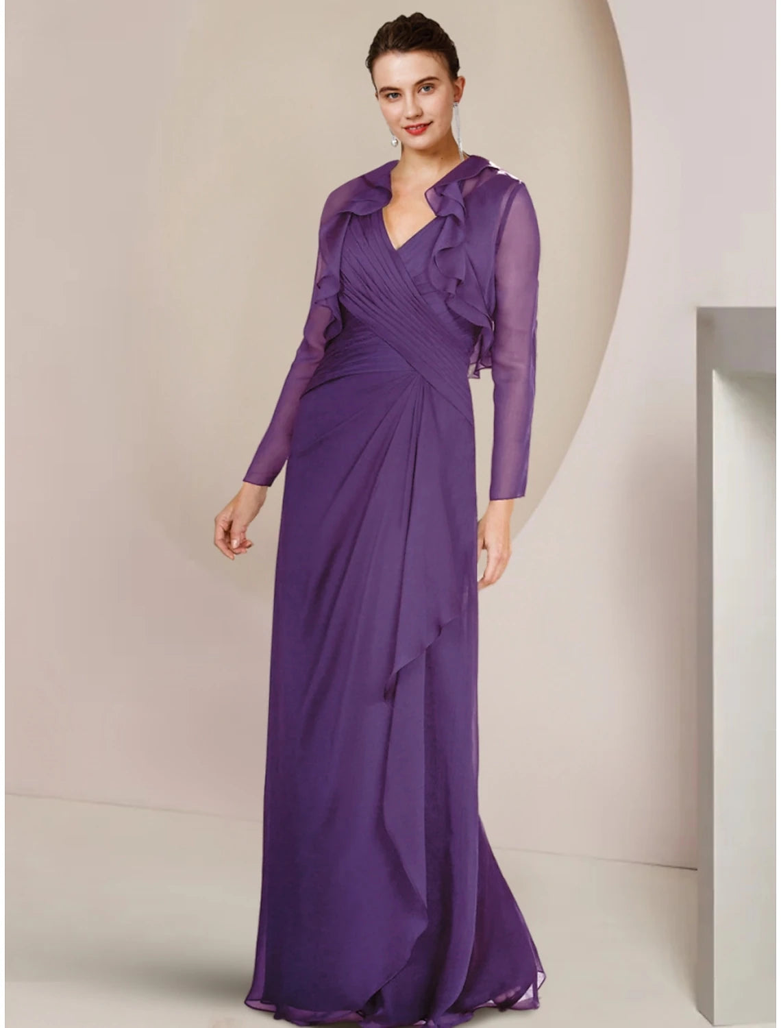 Elegant A-Line V-Neck Long Sleeve Ruffled Chiffon Floor-Length Gown for Wedding Guests.