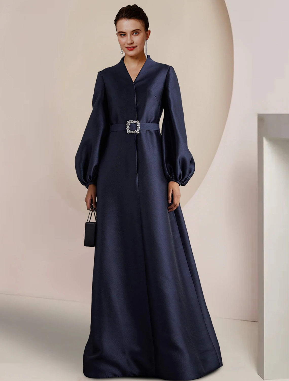 Elegant A-Line V-Neck Long Sleeve Satin Mother of the Bride Gown.