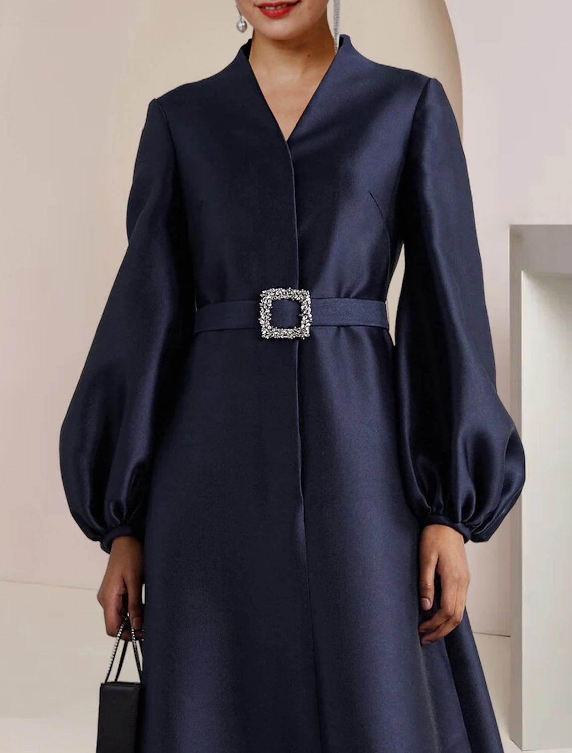 Elegant A-Line V-Neck Long Sleeve Satin Mother of the Bride Gown.