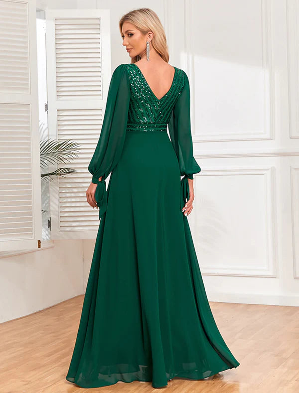 Elegant A-Line V-Neck Long Sleeve Sequin Evening Gown Floor Length Dress.