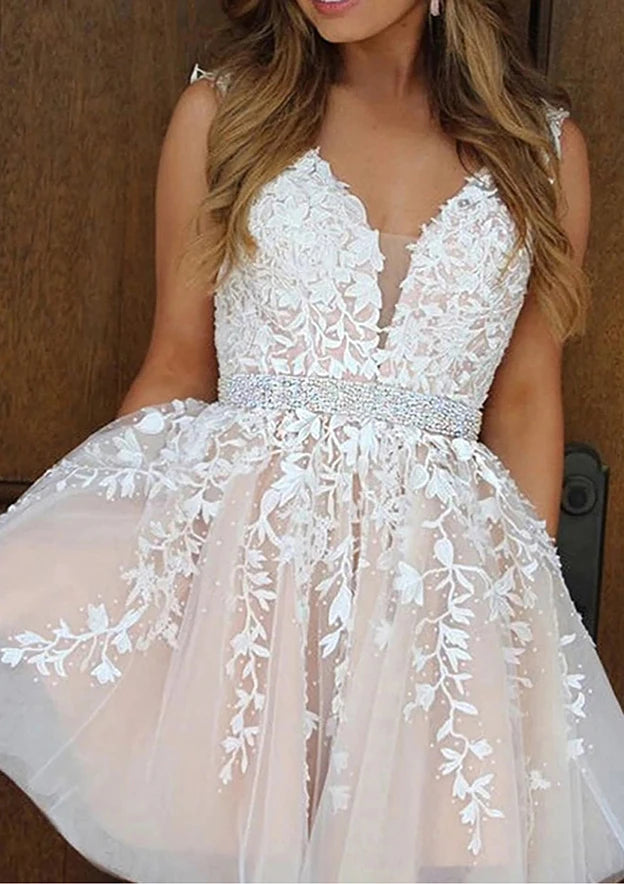 Elegant A-Line V-Neck Open Back Lace Tulle Short Homecoming Dress.