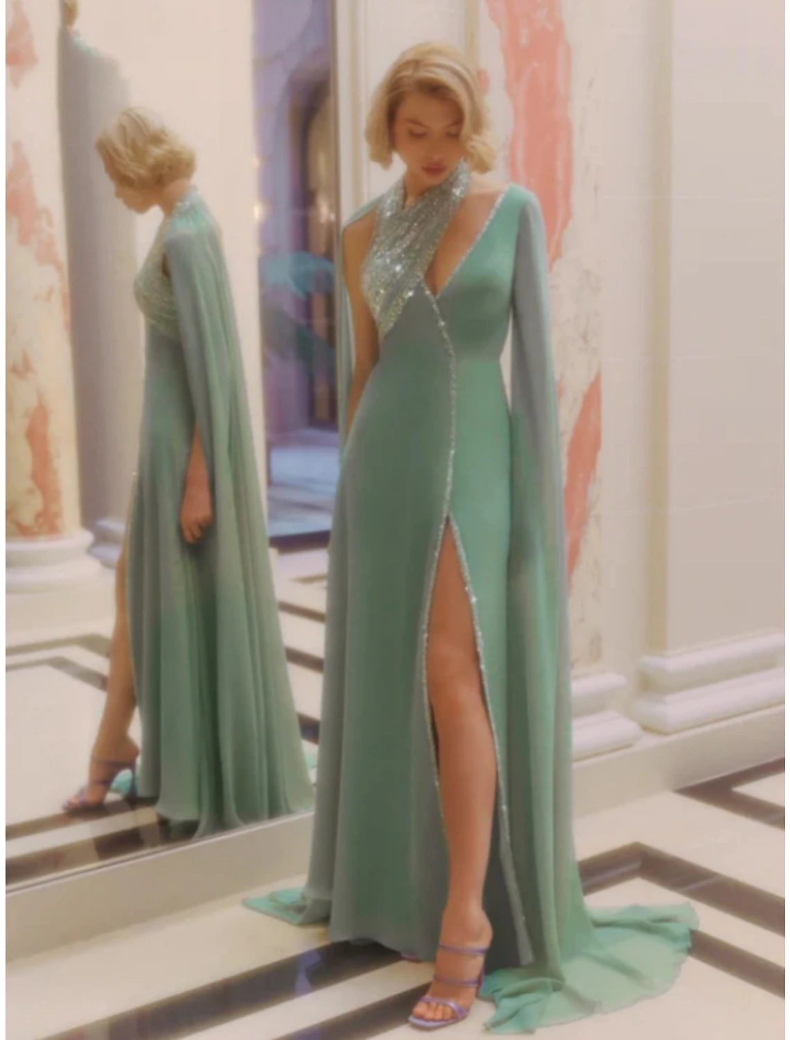 Elegant A-Line V-Neck Sequined Slit Evening Gown with Court Train.