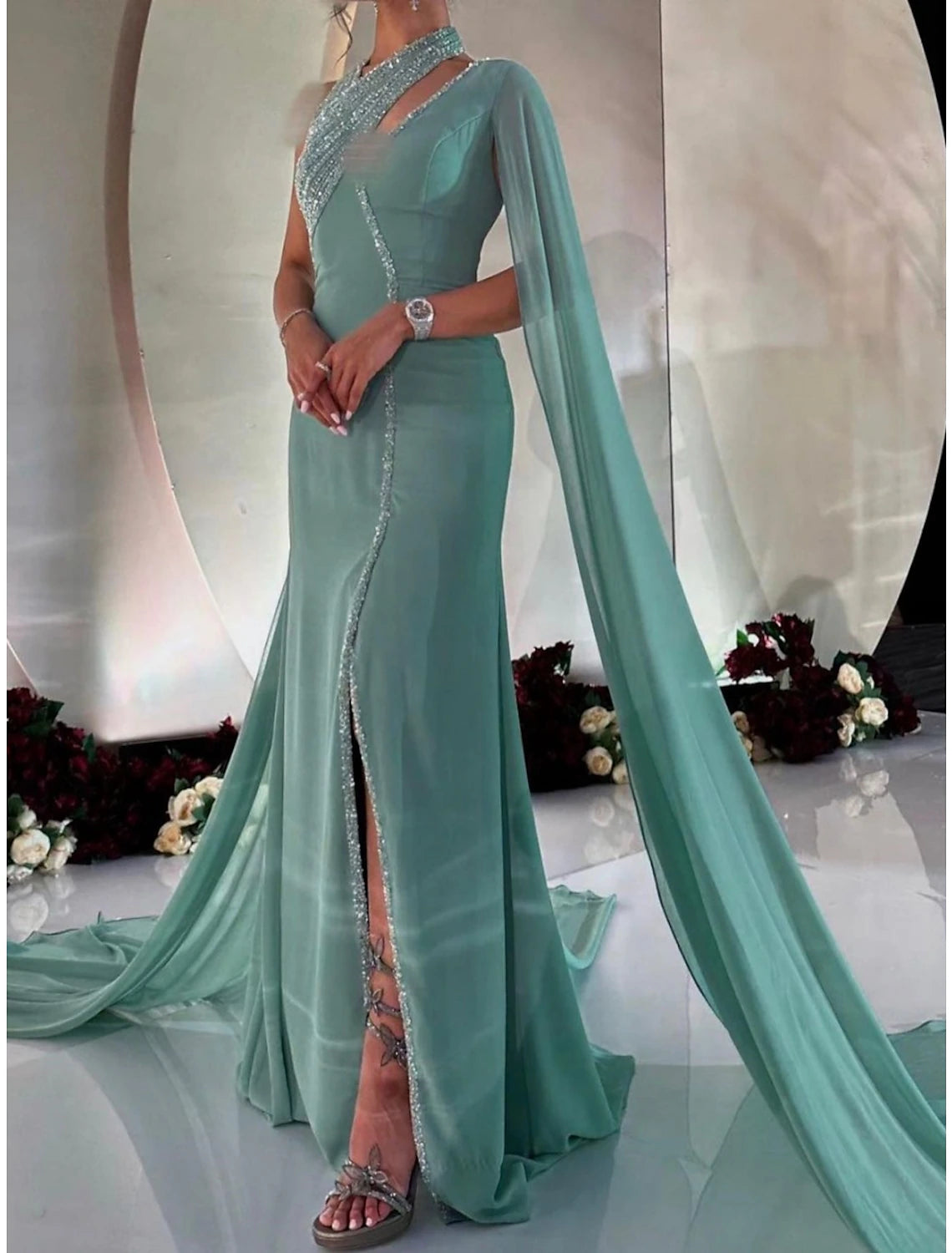 Elegant A-Line V-Neck Sequined Slit Evening Gown with Court Train.