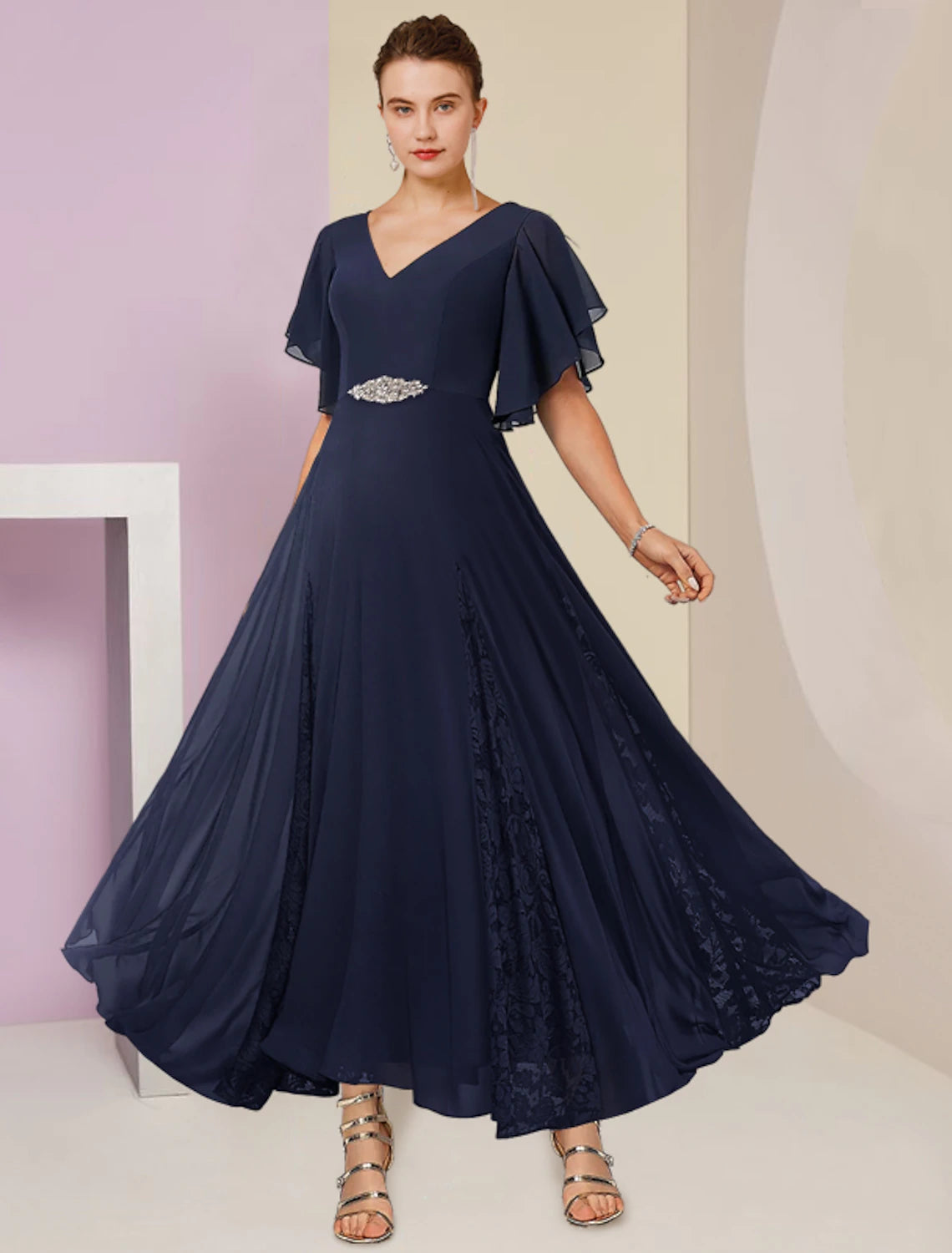 Elegant A-Line V-Neck Short Sleeve Chiffon Lace Pleated Gown.