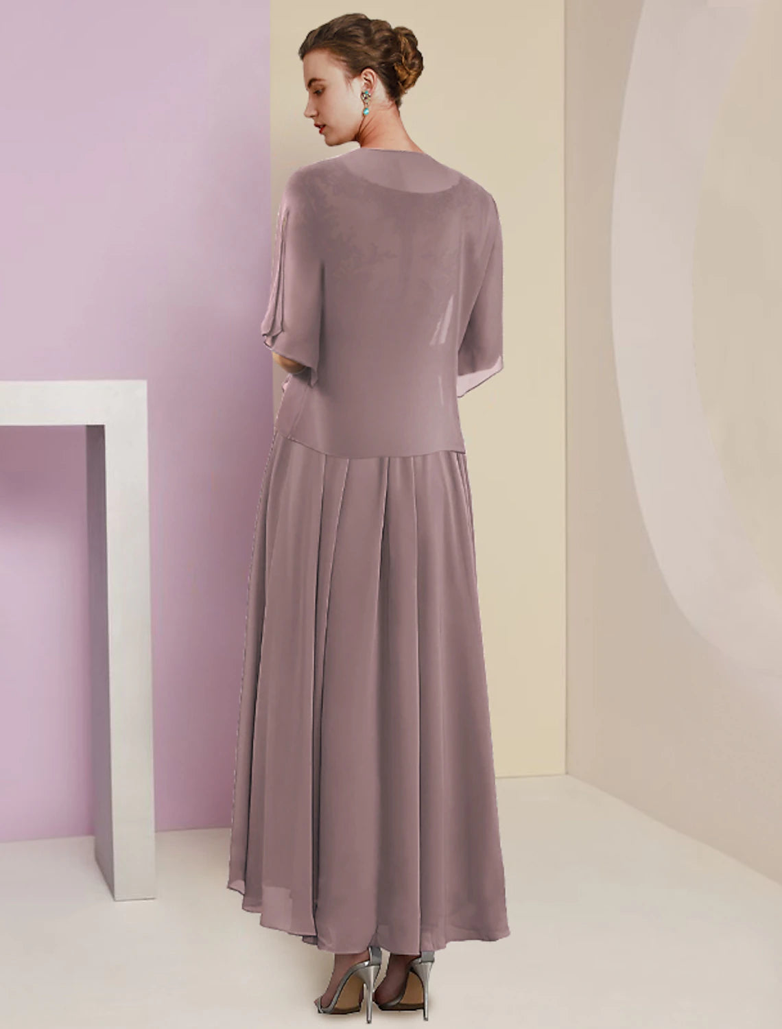 Elegant A-Line V-Neck Chiffon Lace dress for Mother of the Bride, side view.