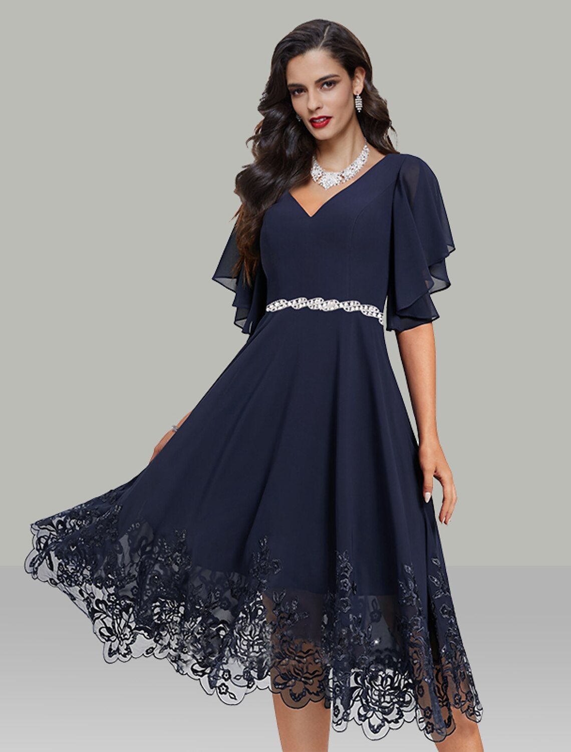 Elegant A-Line V-Neck Short Sleeve Chiffon Tea Length Rhinestone Wedding Guest Dress.