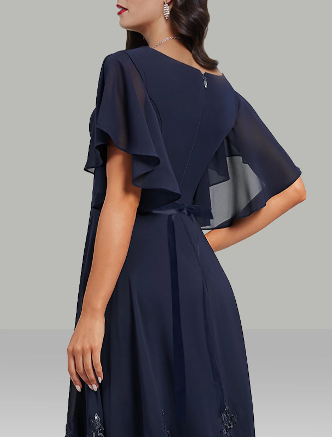 Elegant A-Line V-Neck Short Sleeve Chiffon Tea Length Rhinestone Wedding Guest Dress.