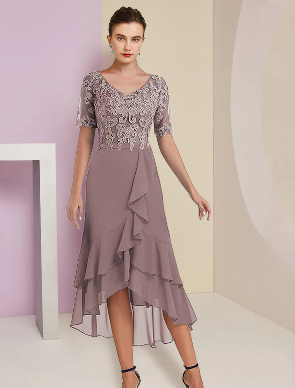 Elegant A-Line V-Neck Short Sleeve High-Low Tea Length Mother of the Bride Dress.
