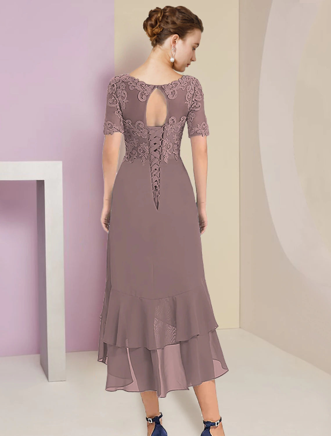 Elegant A-Line V-Neck Short Sleeve High-Low Tea Length Mother of the Bride Dress.