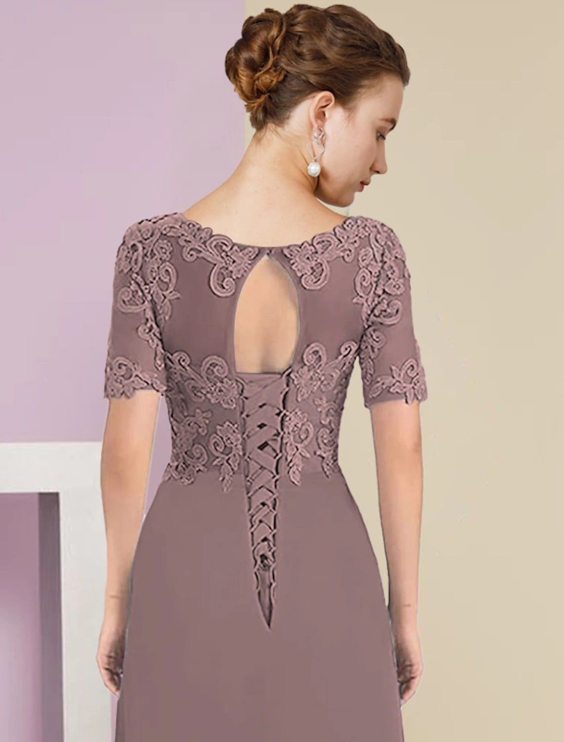 Elegant A-Line V-Neck Short Sleeve High-Low Tea Length Mother of the Bride Dress.