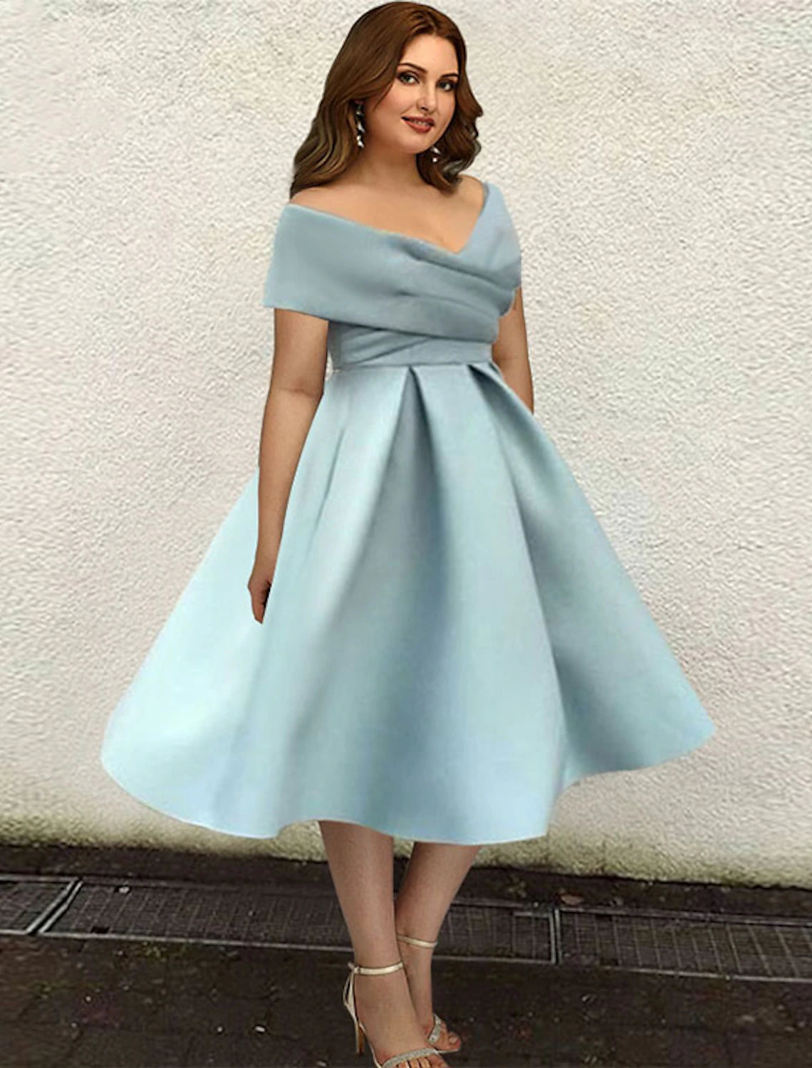 Elegant A-Line V-Neck Short Sleeve Pleated Satin Tea Length Cocktail Dress.