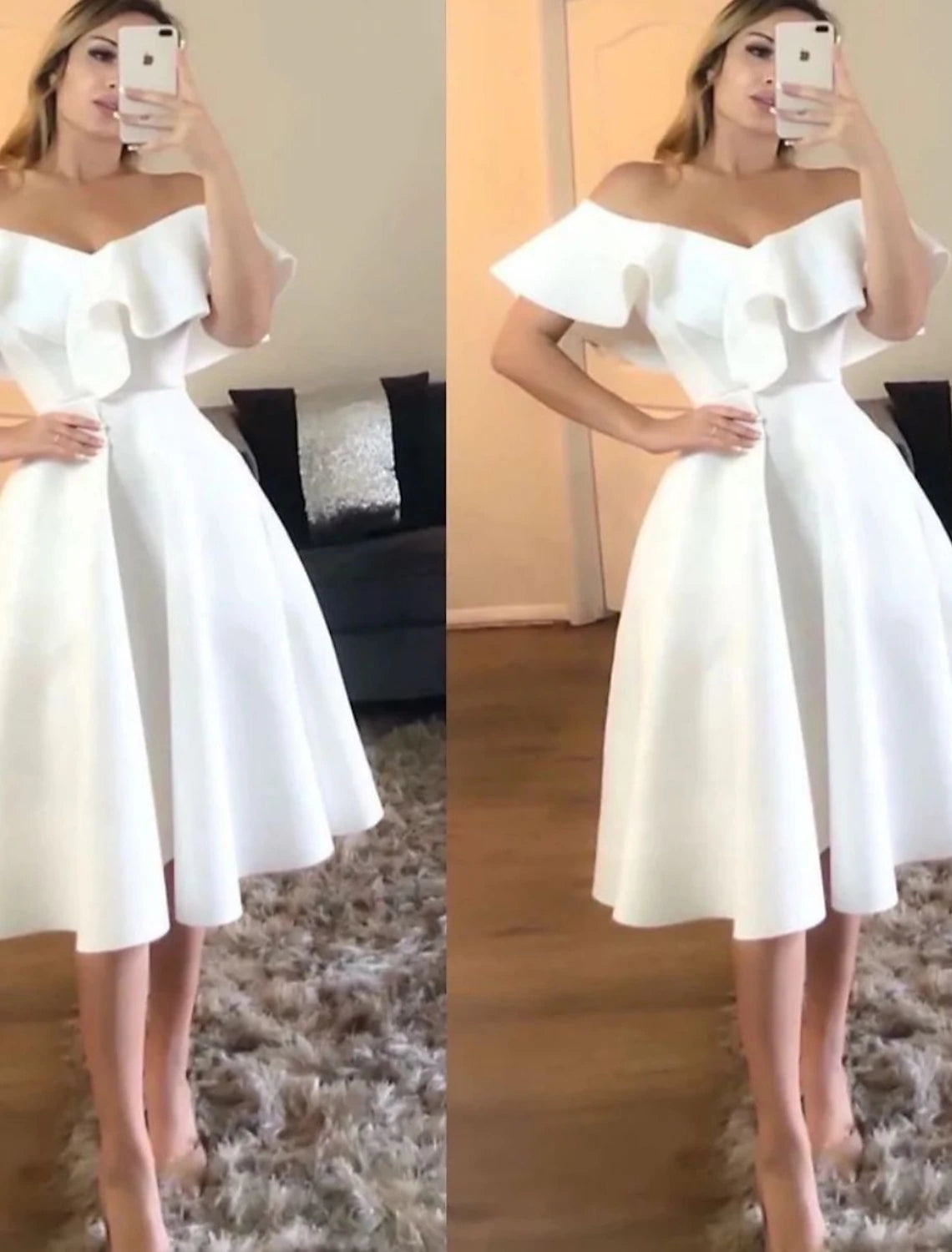 Elegant A-Line V-Neck Short Sleeve White Prom Wedding Guest Dress with Shawl.