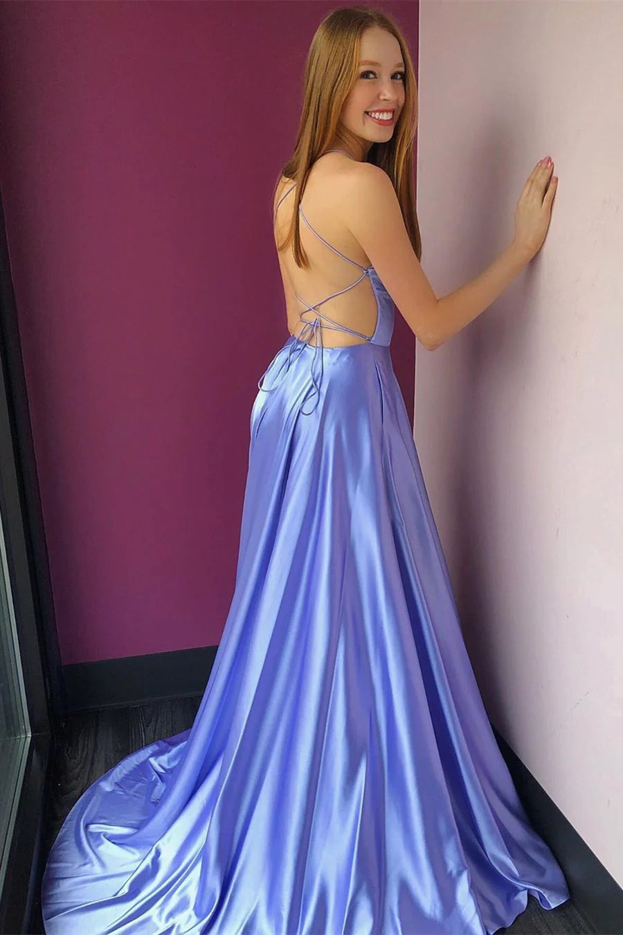 Elegant A-Line V Neck Spaghetti Straps Lace Up Back Slit Floor Length Prom Dress