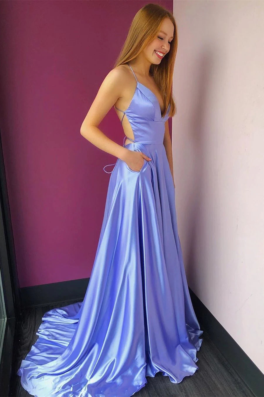 Elegant A-Line V Neck Spaghetti Straps Lace Up Back Slit Floor Length Prom Dress