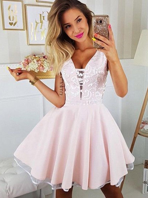 Elegant A-Line V-neck Applique Satin Short Mini Homecoming Dress.