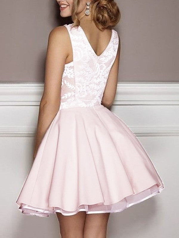 Elegant A-Line V-neck Applique Satin Short Mini Homecoming Dress.