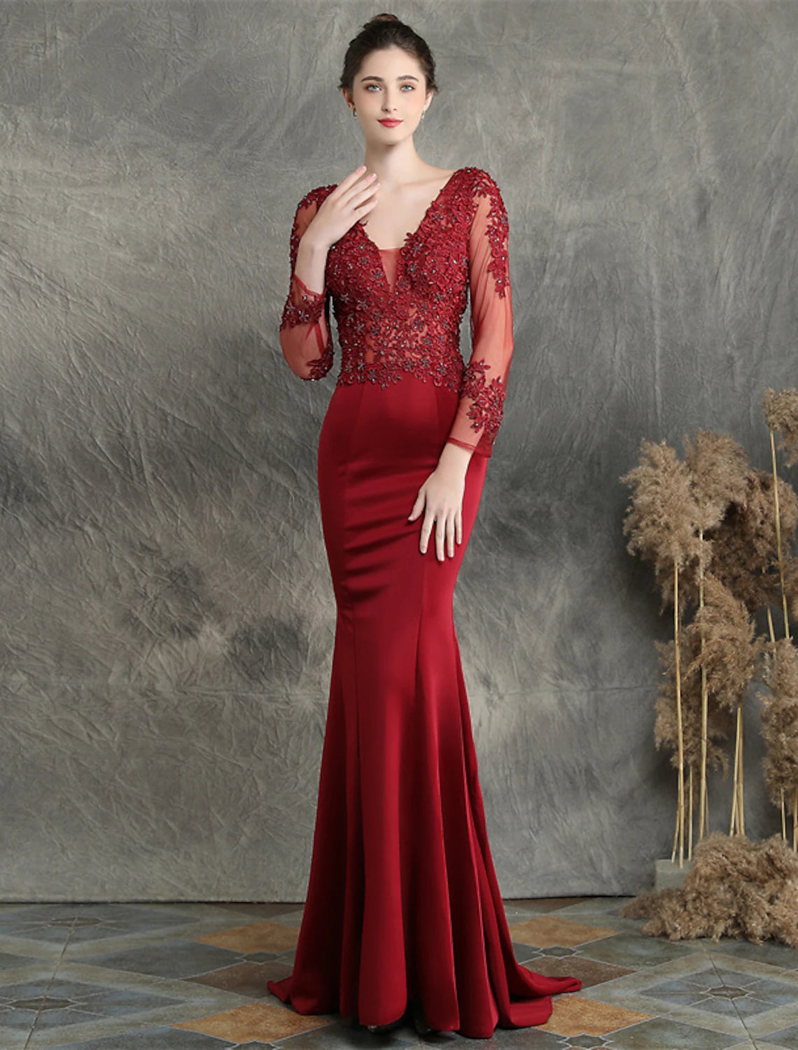 Elegant Beaded Mermaid Long Sleeve V-Neck Formal Prom Dress.