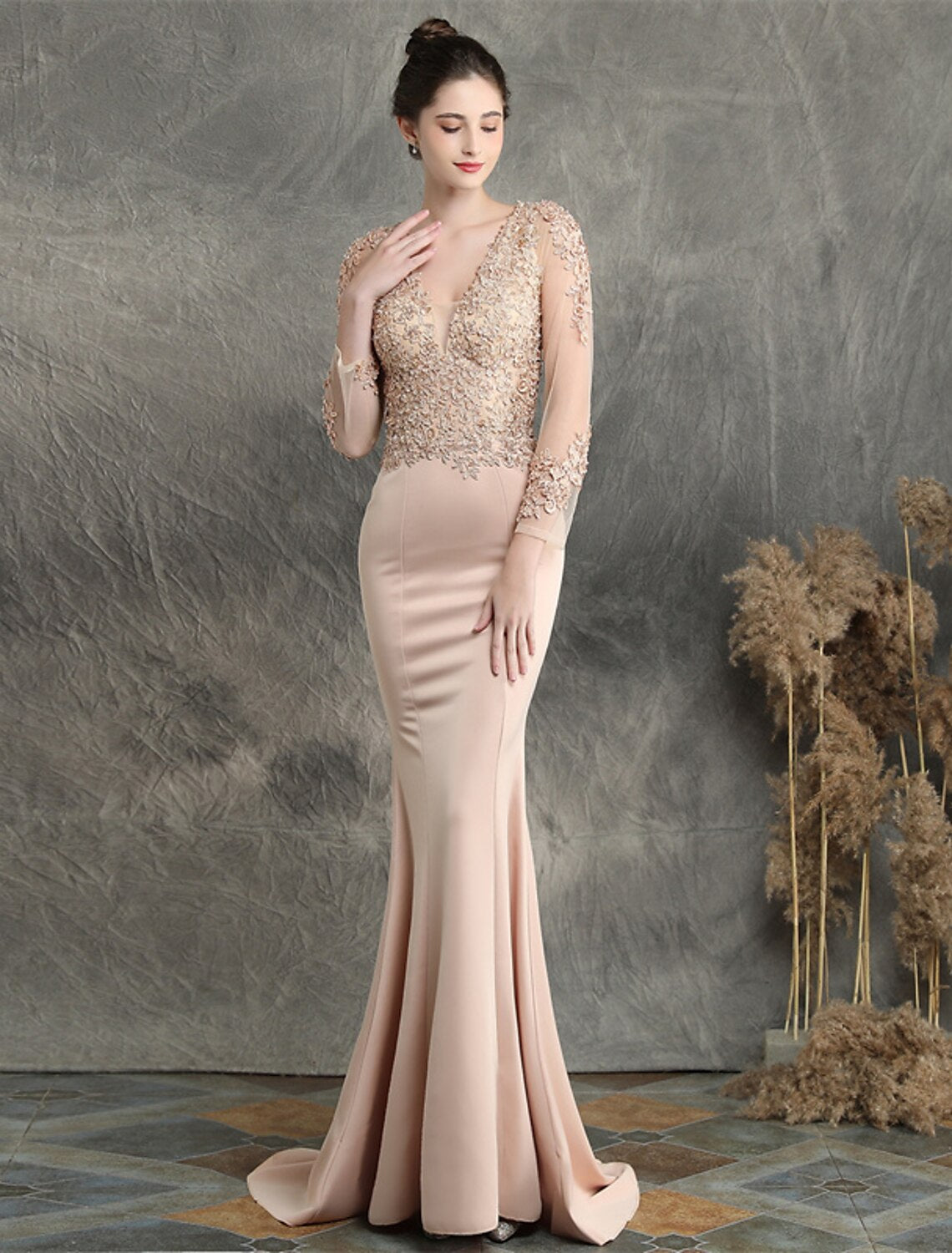 Elegant Beaded Mermaid Long Sleeve V-Neck Formal Prom Dress.