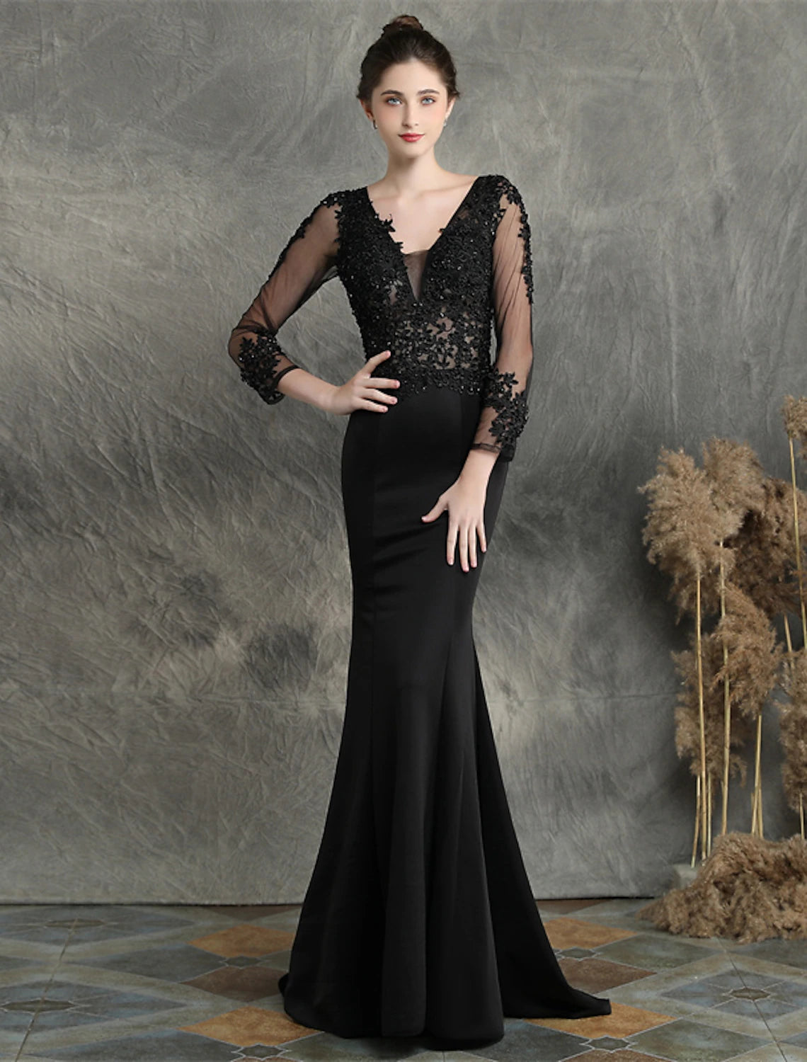 Elegant Beaded Mermaid Long Sleeve V-Neck Formal Prom Dress.