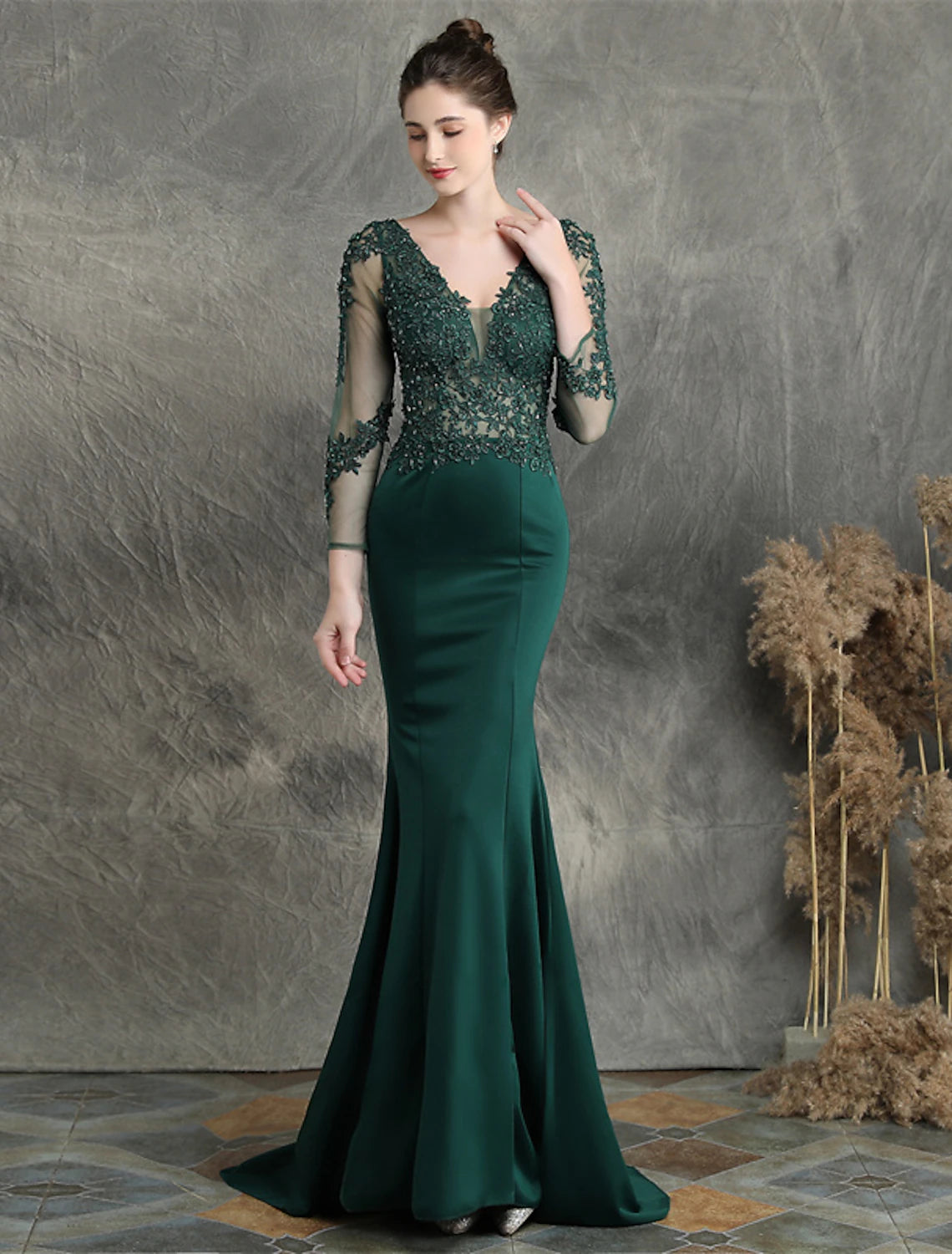 Elegant Beaded Mermaid Long Sleeve V-Neck Formal Prom Dress.