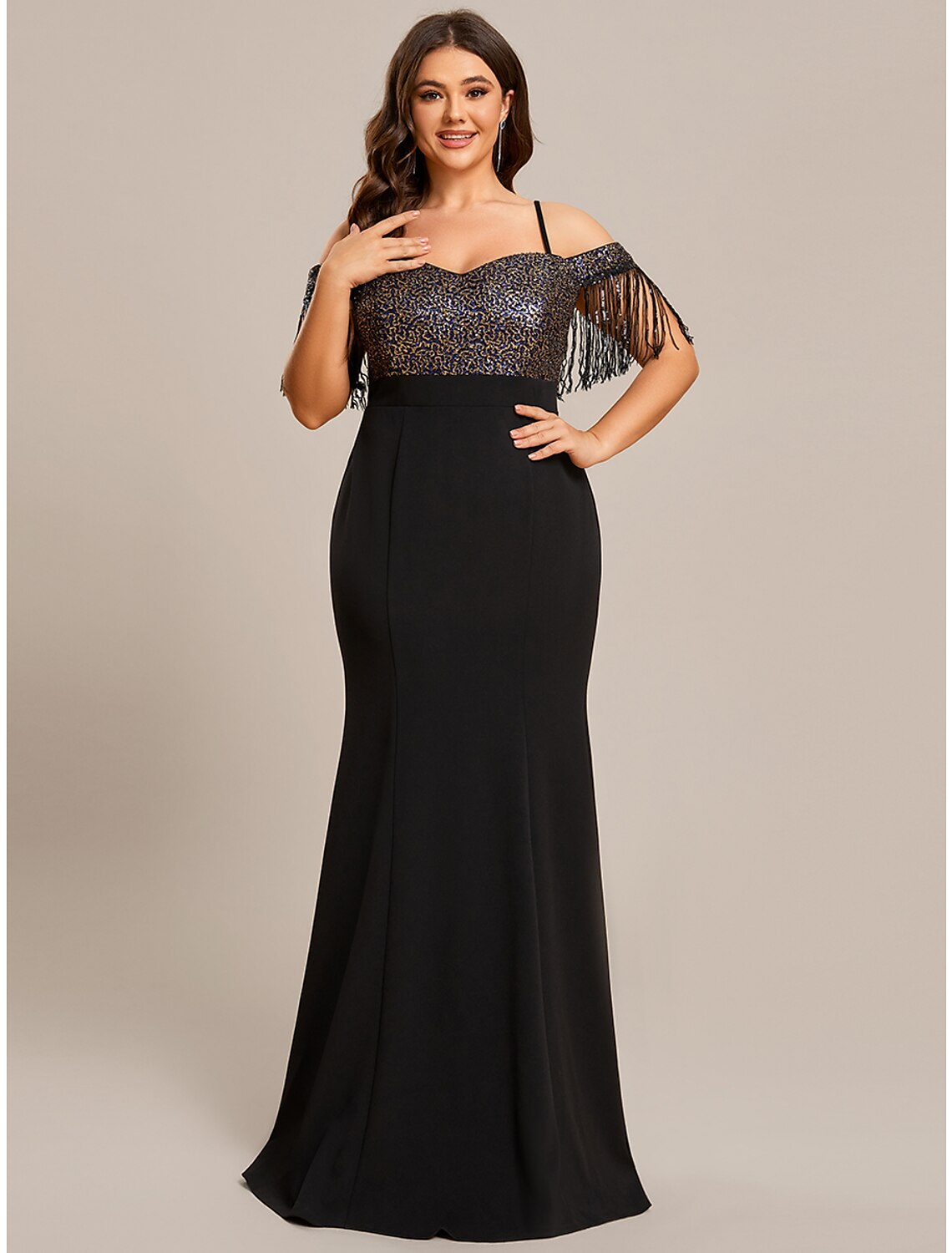 Elegant Black Mermaid Trumpet Off Shoulder Fringe Tassel Wedding Guest Dress.