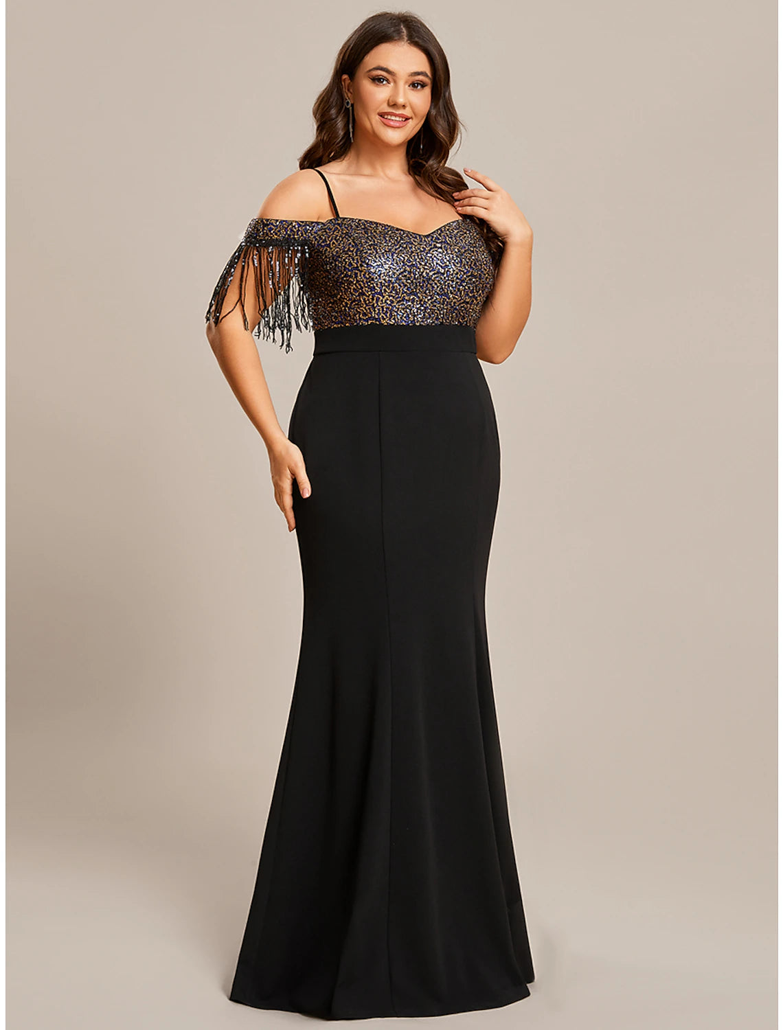 Elegant Black Mermaid Trumpet Off Shoulder Fringe Tassel Wedding Guest Dress.