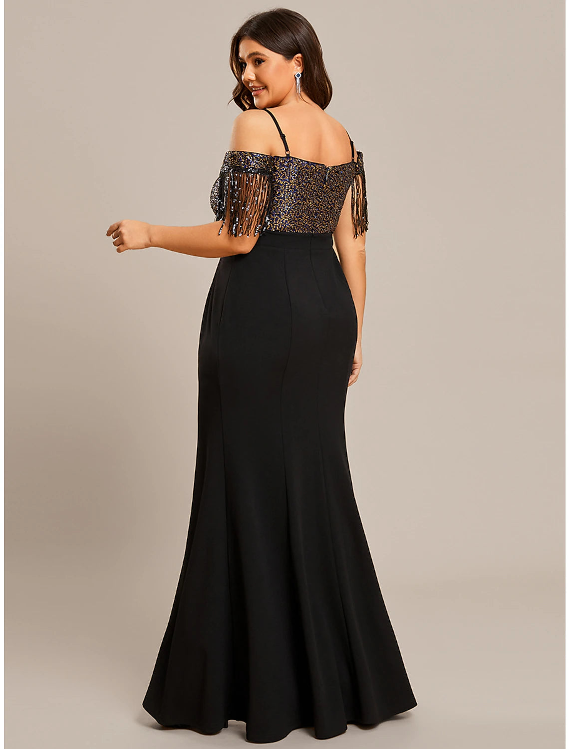Elegant Black Mermaid Trumpet Off Shoulder Fringe Tassel Wedding Guest Dress.