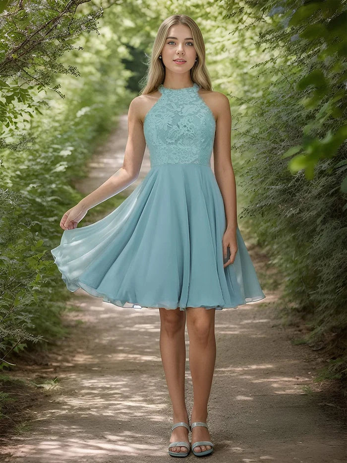 Back view of the elegant backless lace halter neck homecoming dress.