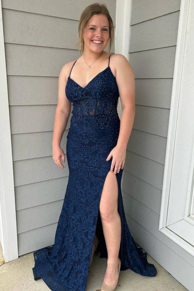 Elegant Mermaid Deep V-Neck Spaghetti-Strap Sparkly-Lace High-Slit Floor-Length Prom Dress