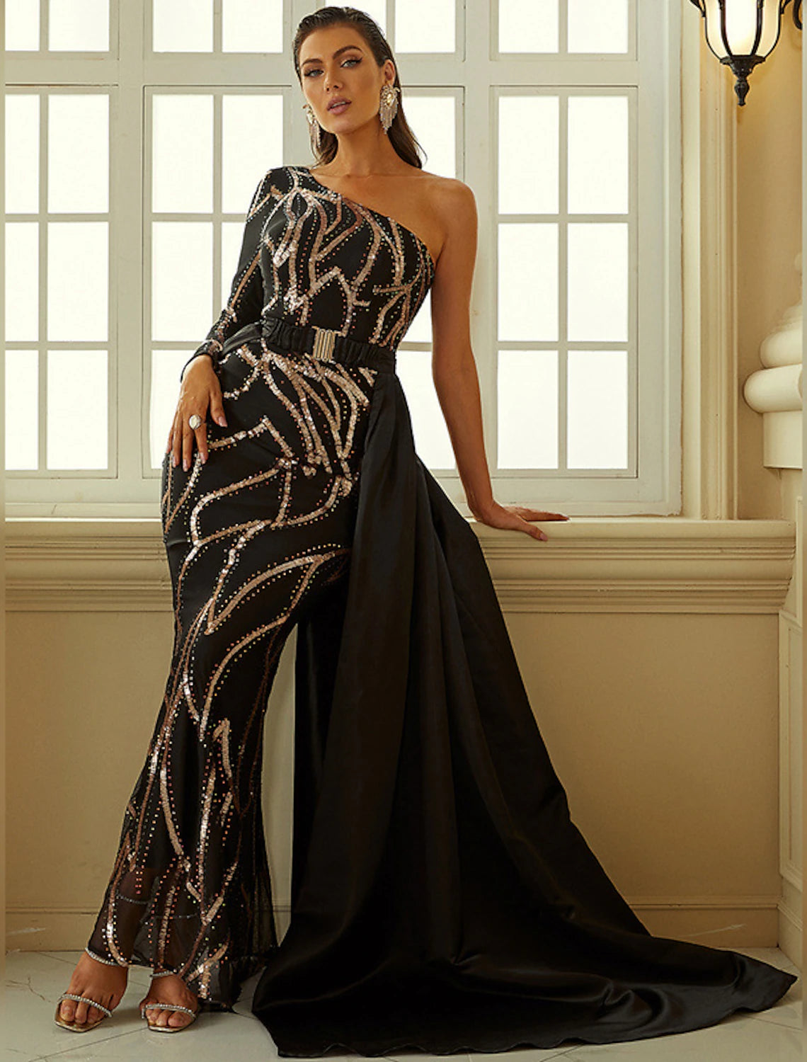 Elegant Mermaid One Shoulder Long Sleeve Sequin Black Formal Evening Gown.
